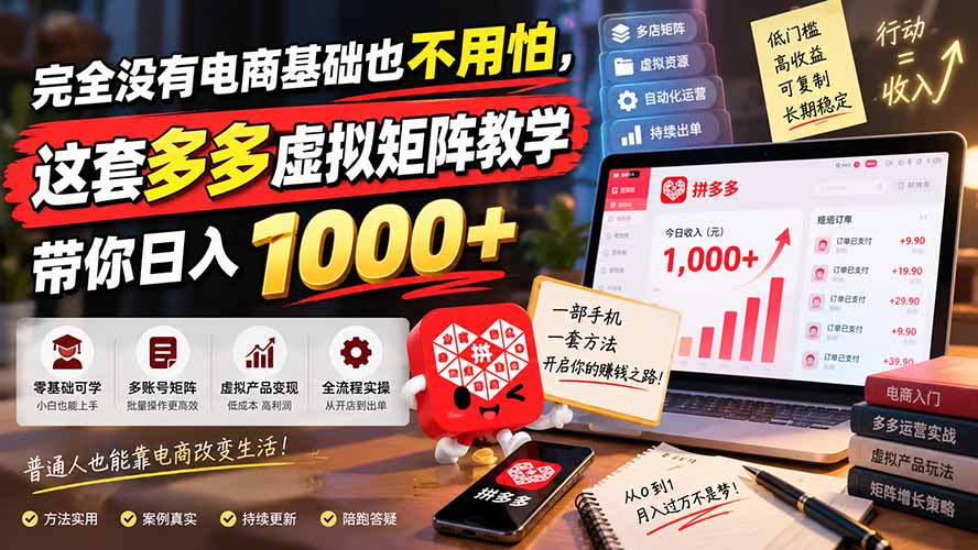 完全没有电商基础也不用怕，这套多多虚拟矩阵教学带你日入 1000+-旺仔资源库