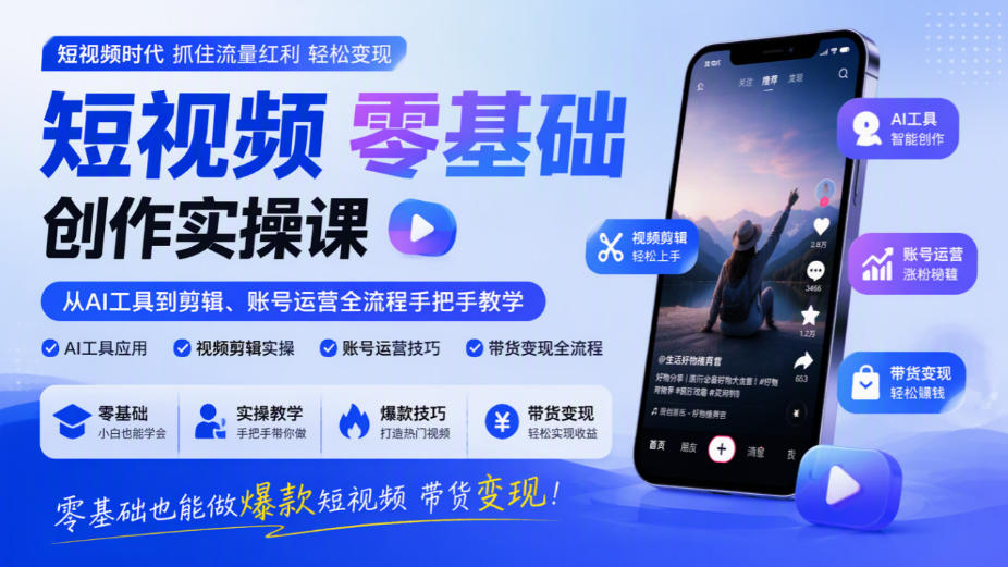 短视频零基础创作实操课，从AI工具到剪辑、账号运营全流程手把手教学，零基础也能做爆款短视频带货变现-旺仔资源库