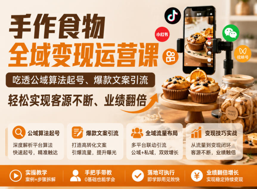 手作食物全域变现运营课,吃透公域算法起号、爆款文案引流,轻松实现客源不断、业绩翻倍-旺仔资源库