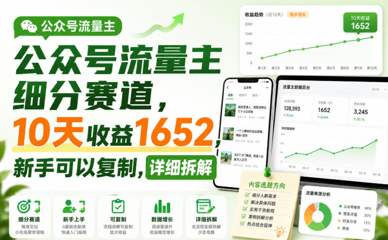 公众号流量主细分赛道,10天收益1652,新手可以复制,详细拆解-旺仔资源库