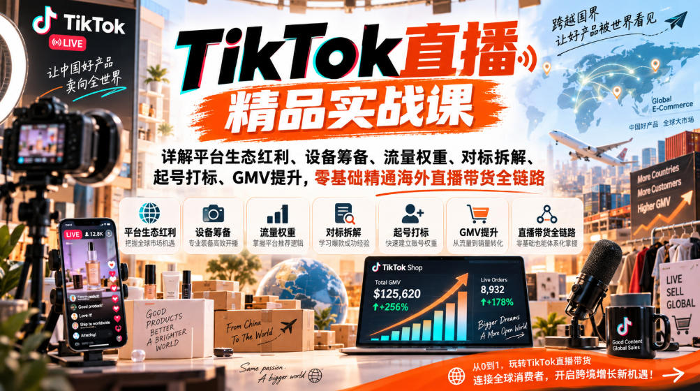 TikTok直播精品实战课，详解平台生态红利、设备筹备、流量权重、对标拆解、起号打标、GMV提升，零基础精通海外直播带货全链路-旺仔资源库
