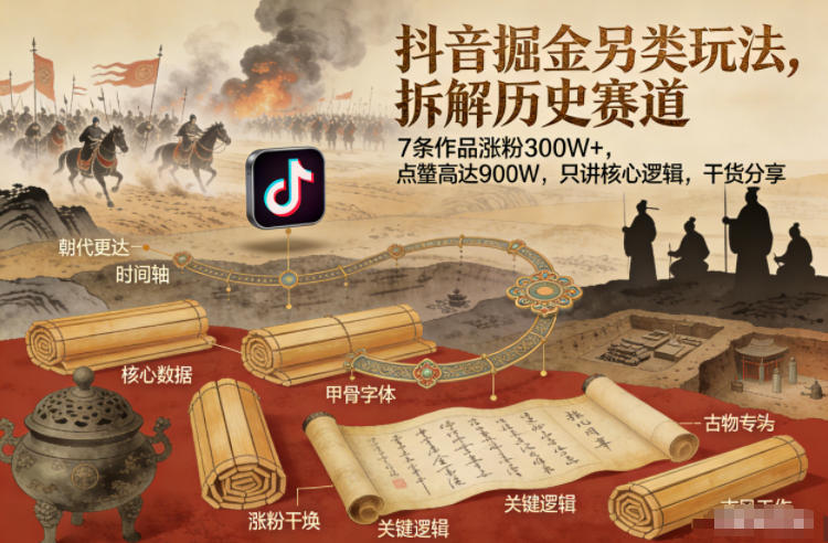 抖音掘金另类玩法，拆解历史赛道，7条作品涨粉300W+，点赞量高达900W，只讲核心逻辑，干货分享-旺仔资源库
