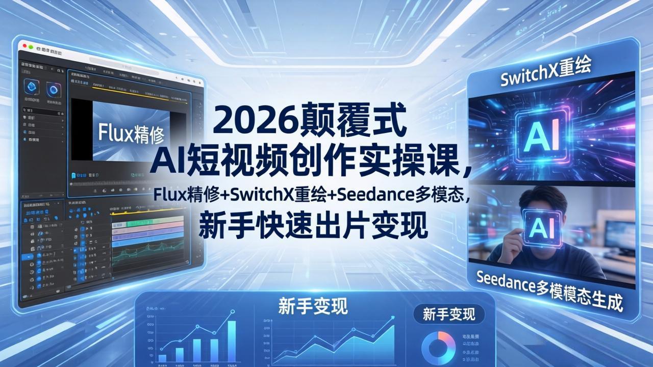 2026颠覆式 AI短视频创作课-5月更新，Flux精修+SwitchX重绘+Seedance多模态，新手快速出片变现-旺仔资源库