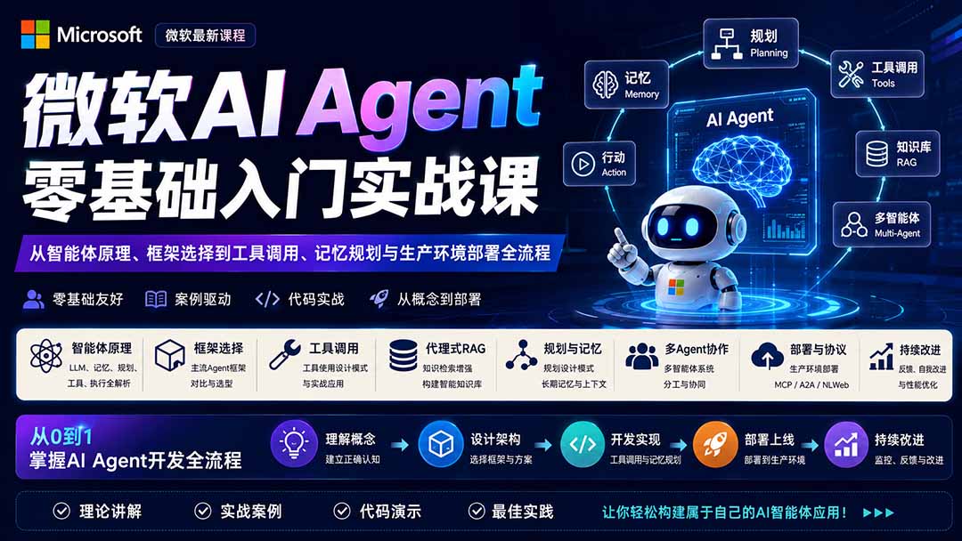 微软AI Agent零基础入门实战课:从智能体原理、框架选择到工具调用、记忆规划与生产环境部署全流程-旺仔资源库