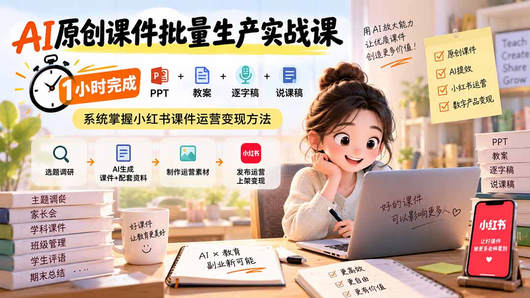 AI原创课件批量生产实战课：1小时完成PPT+教案+逐字稿+说课稿，系统掌握小红书课件运营变现方法-旺仔资源库