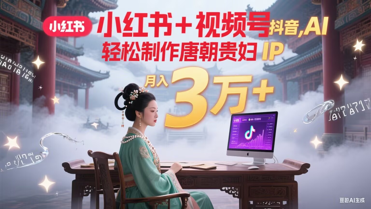 小红书+视频号+抖音，AI轻松制作唐朝贵妇IP，毒鸡汤、励志、减肥瘦身、养生赛道轻松切入，每天30分钟，轻松产出N条，月入3万+-旺仔资源库