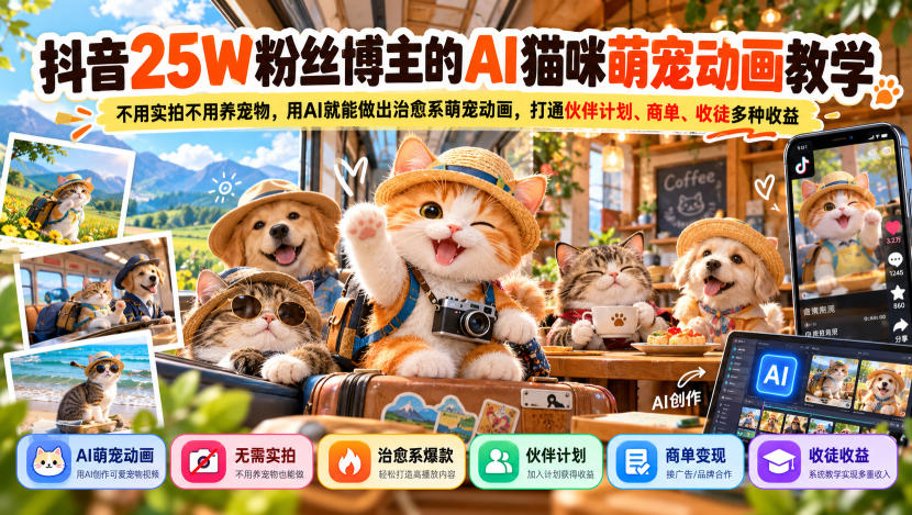 抖音25W粉丝博主的AI猫咪萌宠动画教学,不用实拍不用养宠物,用AI就能做出治愈系萌宠动画,打通伙伴计划、商单、收徒多种收益-旺仔资源库