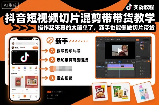 抖音短视频切片混剪带货教学，操作起来真的太简单了，新手也能做切片带货-旺仔资源库