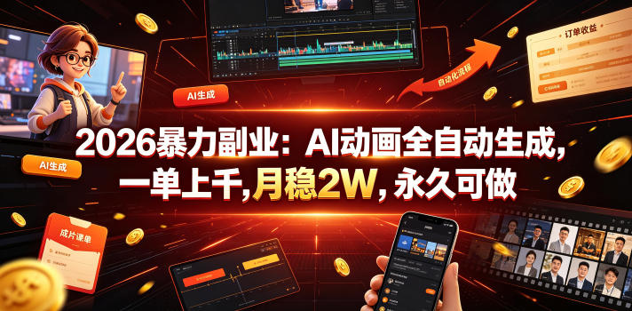 2026暴力副业：AI动画全自动生成，一单上千，月稳2W，永久可做【揭秘】-旺仔资源库