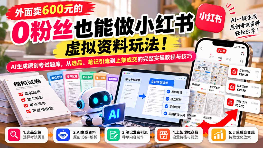 外面卖600元的 零粉丝也能做小红书虚拟资料玩法!AI生成原创考试题库,从选品、笔记引流到上架成交的完整实操教程-旺仔资源库
