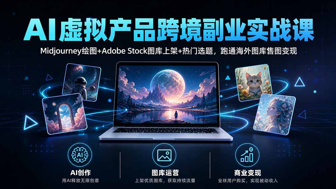 AI虚拟产品跨境副业实战课｜Midjourney绘图+Adobe Stock图库上架+热门选题，跑通海外图库售图变现-旺仔资源库