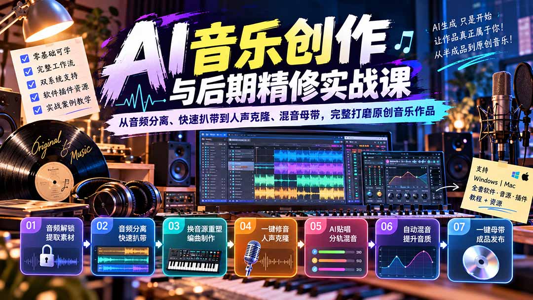 AI音乐创作与后期精修实战课:从音频分离、快速扒带到人声克隆、混音母带,完整打磨原创音乐作品-旺仔资源库
