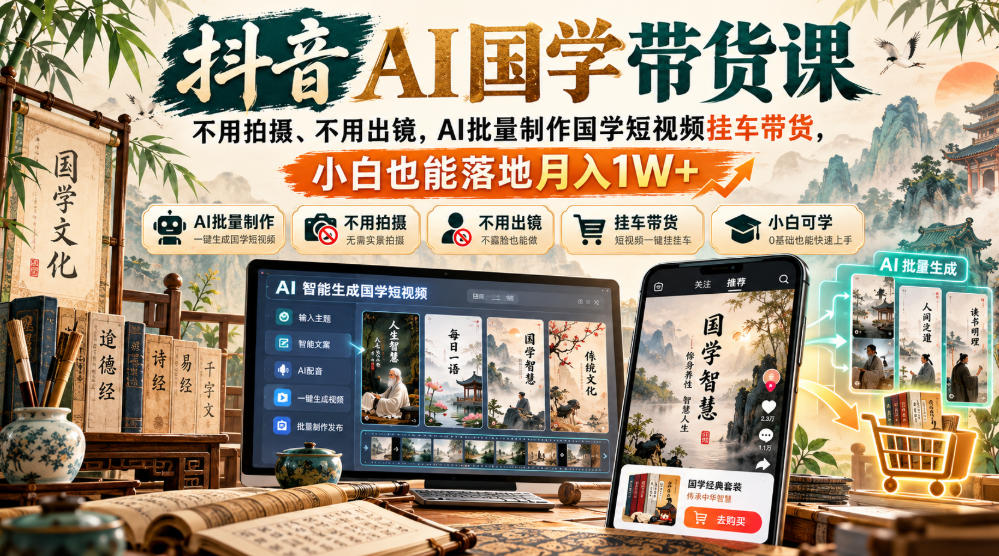 抖音AI国学带货课，不用拍摄、不用出镜，AI批量制作国学短视频挂车带货，小白也能落地月入1W+-旺仔资源库