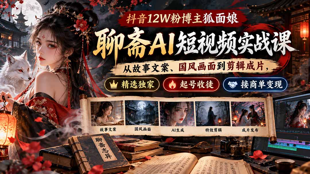 抖音12W粉博主狐面娘-聊斋AI短视频实战课：从故事文案、国风画面到剪辑成片，精选独家+起号收徒+接商单变现-旺仔资源库