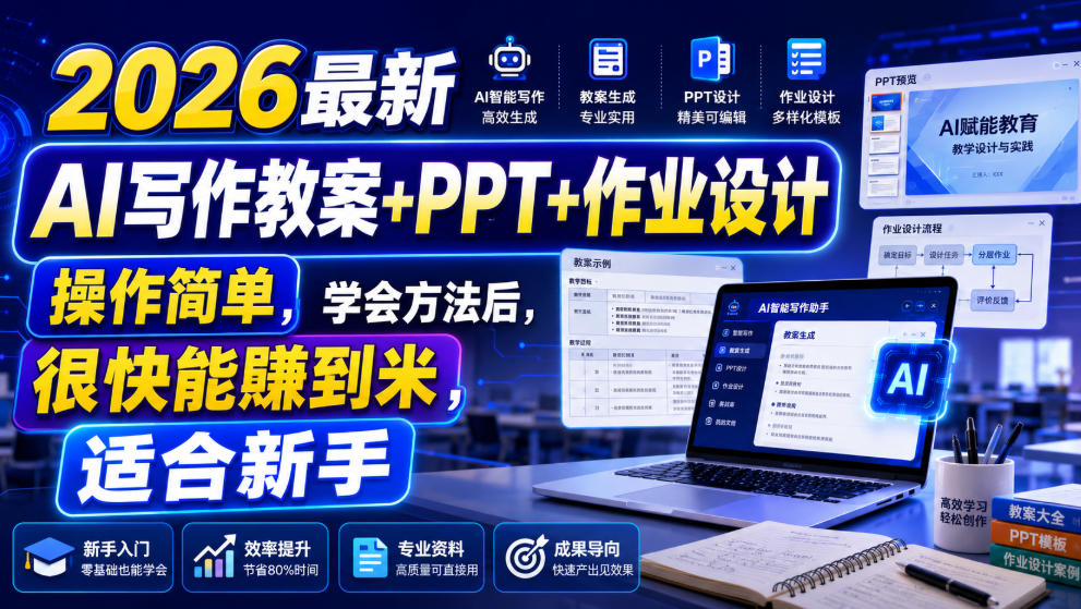 2026最新AI写作教案+PPT+作业设计,操作简单,学会方法后,很快能賺到米,适合新手-旺仔资源库