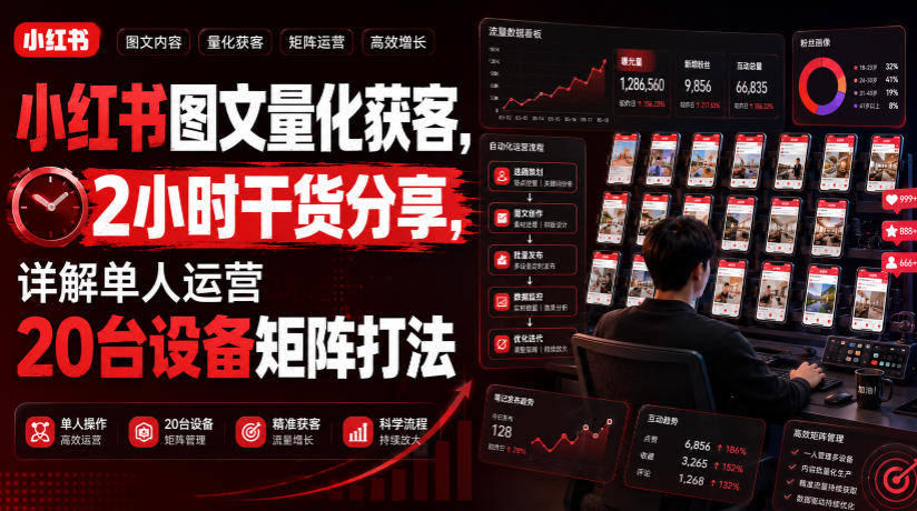 小红书图文量化获客,2小时干货分享,详解单人运营20台设备矩阵打法-旺仔资源库