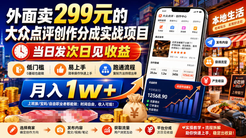 外面卖299元的大众点评创作分成实战项目,当日发次日见收益,低门槛易上手,跑通流程月入1w+-旺仔资源库