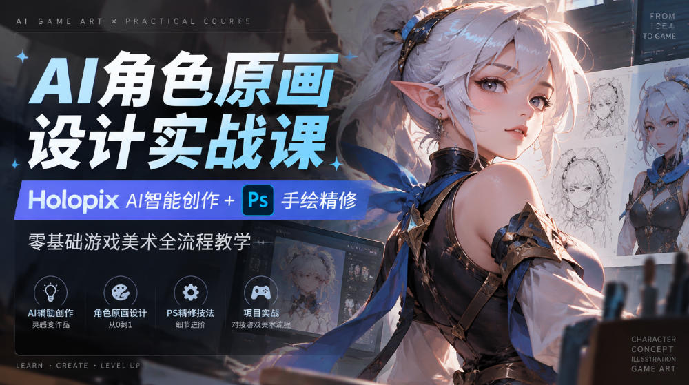 AI角色原画设计实战课|Holopix AI智能创作+PS手绘精修,零基础游戏美术全流程教学-旺仔资源库