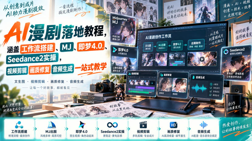 AI漫剧落地教程,涵盖工作流搭建、MJ、即梦4.0、Seedance2实操,视频剪辑画质修复音频生成一站式教学-旺仔资源库