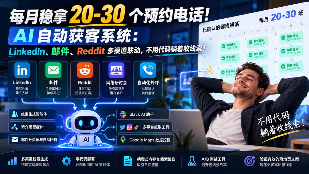 每月稳拿 20-30 个预约电话！AI 自动获客系统：LinkedIn、邮件、Reddit 多渠道联动，不用代码躺着收线索！-旺仔资源库