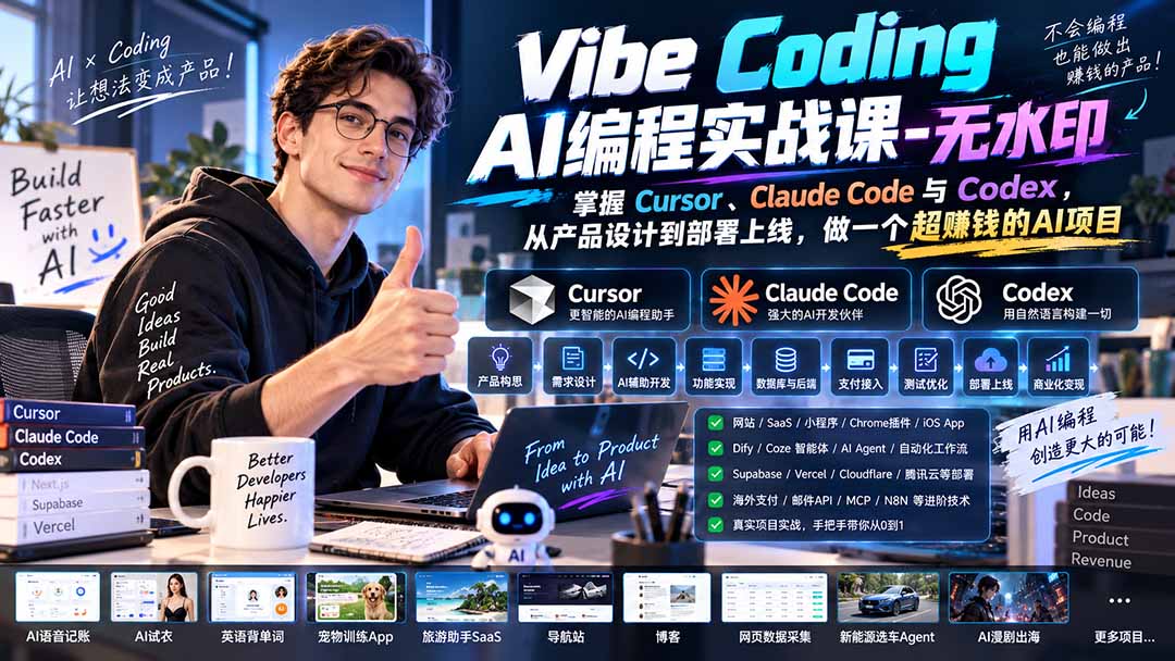 Vibe Coding AI编程实战课-无水印:掌握Cursor、Claude Code与Codex,从产品设计到部署上线,做一个超赚钱的AI项目-旺仔资源库
