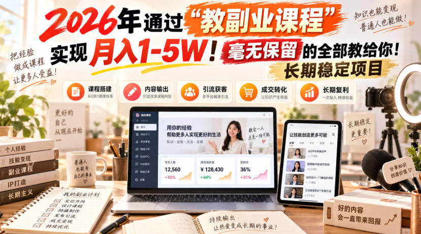 2026年通过“教副业课程”实现月入1-5W!毫无保留的全部教给你!长期稳定项目-旺仔资源库