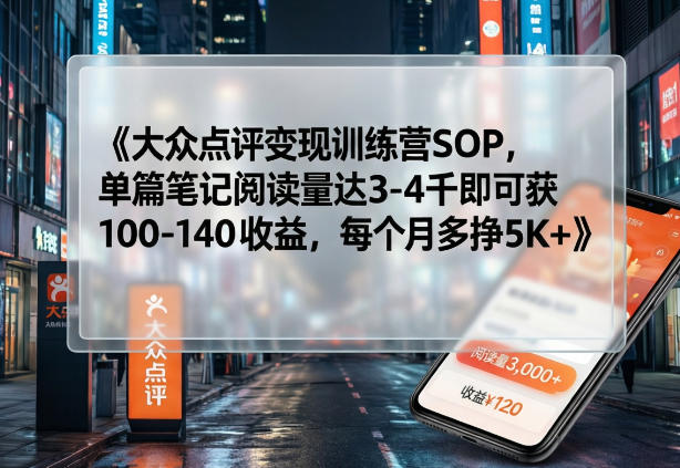 大众点评变现训练营SOP，单篇笔记阅读量达3-4千即可获100-140收益，每个月多挣5K+-旺仔资源库
