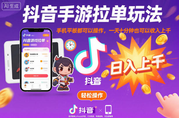 抖音手游拉单玩法，手机平板都可以操作，一天十分钟也可以收入上K【揭秘】-旺仔资源库