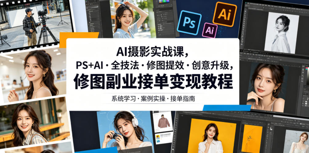 AI摄影实战课,PS+AI・全技法・修图提效・创意升级,修图副业接单变现教程-旺仔资源库