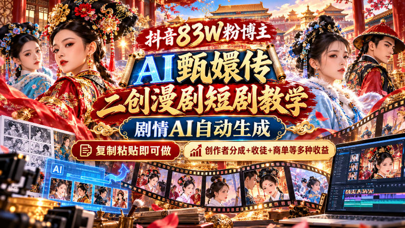 抖音83W粉博主AI甄嬛传二创漫剧短剧教学|剧情AI自动生成,复制粘贴即可做,各大平台创作者分成+收徒等多种收益-旺仔资源库