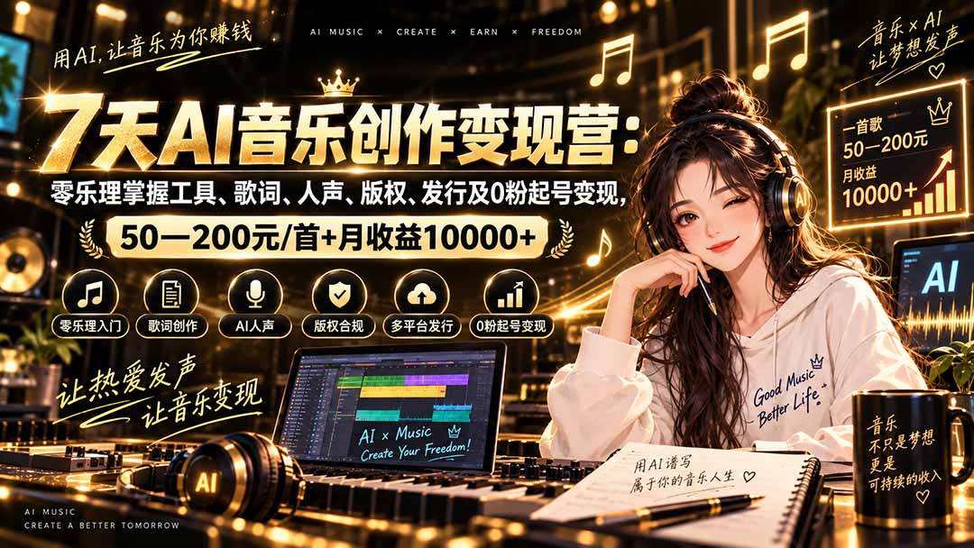 AI音乐创作变现营：零乐理掌握工具、歌词、人声、版权、发行及0粉起号变现，50—200元/首+月收益10000+-旺仔资源库
