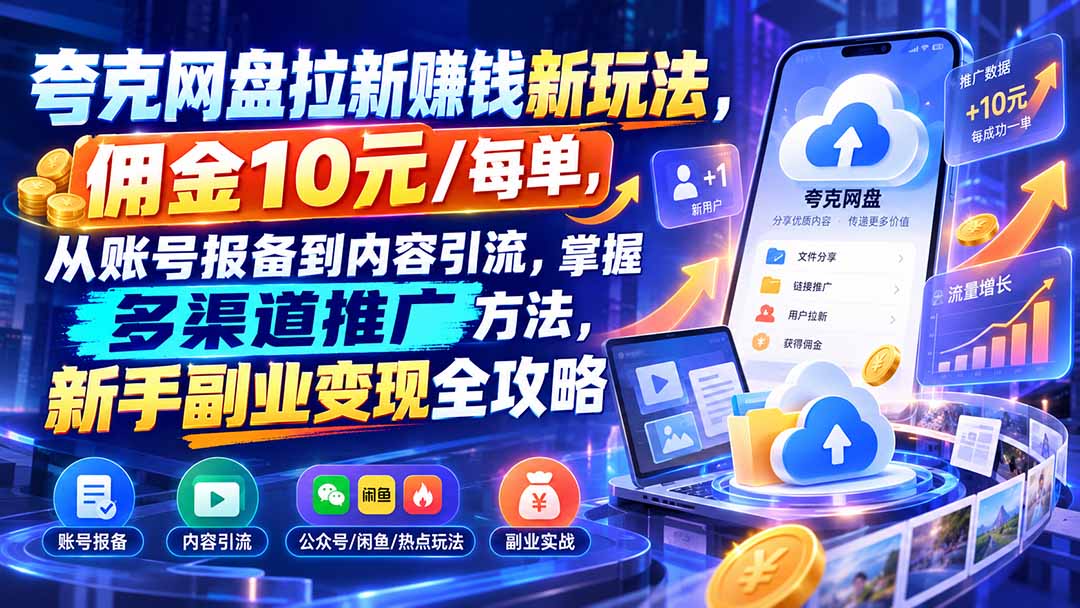 夸克网盘拉新赚钱新玩法,佣金10元/每单,从账号报备到内容引流,掌握多渠道推广方法,新手副业变现全攻略-旺仔资源库