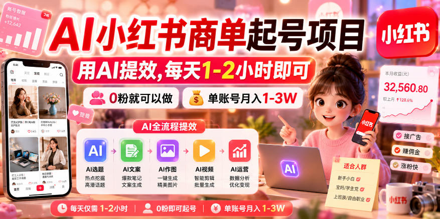 AI小红书商单起号项目,用AI提效,每天1-2小时即可,0粉就可以做,单账号月入1-3W-旺仔资源库