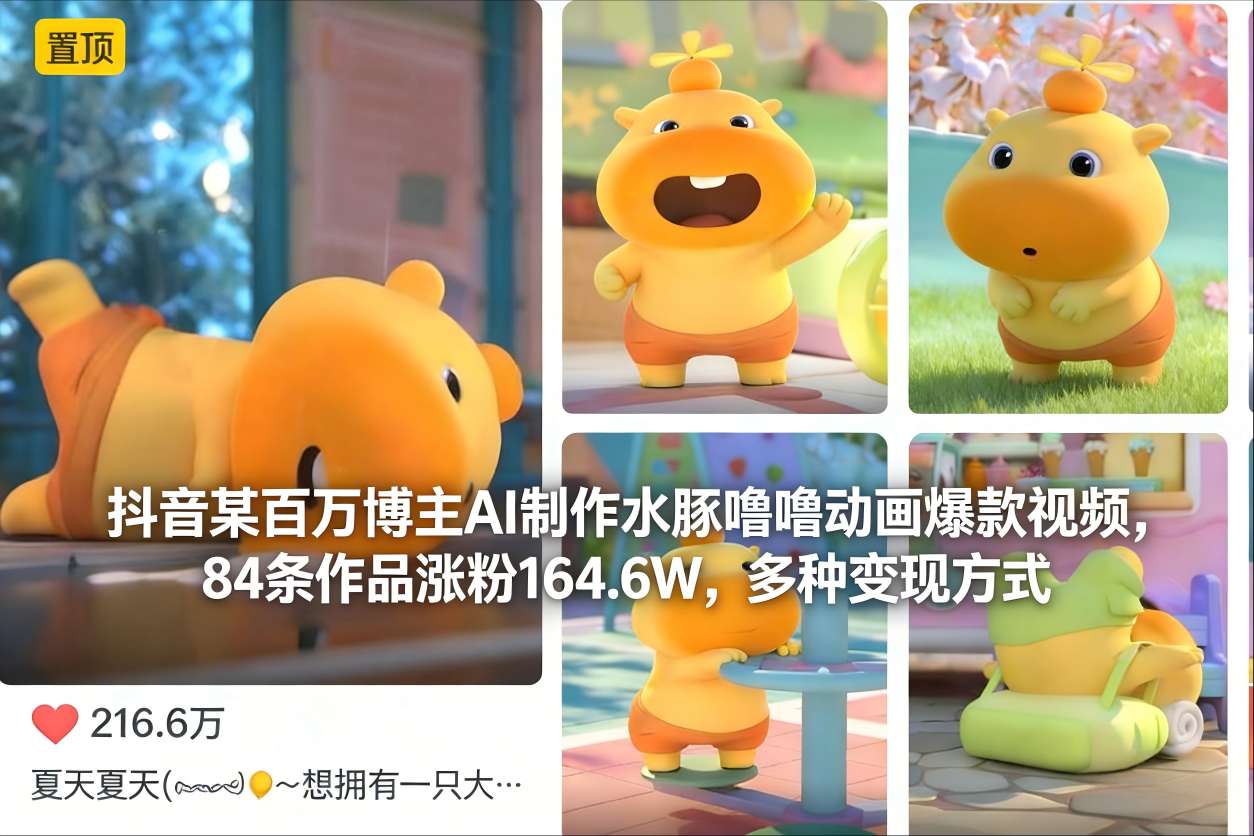 抖音某百万博主AI制作水豚噜噜动画爆款视频，84条作品涨粉164.6W，多种变现方式-旺仔资源库