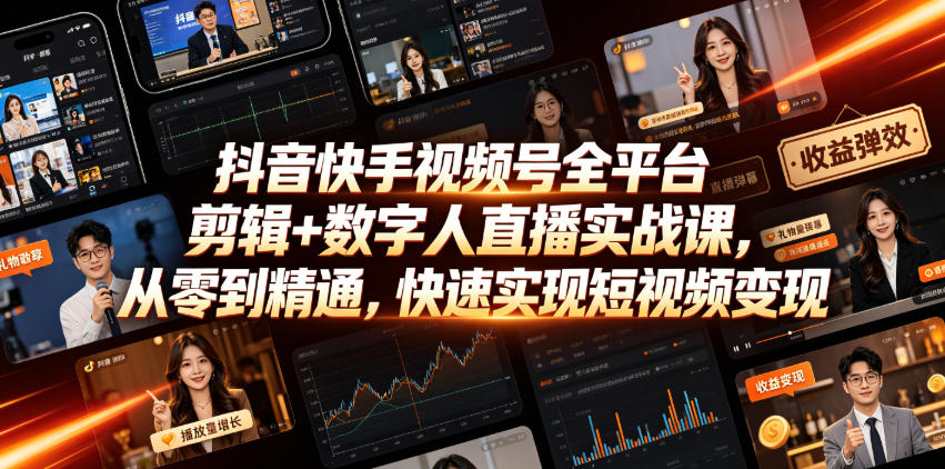 抖音快手视频号全平台剪辑+数字人直播实战课,从零到精通,快速实现短视频变现(更新2026年6月)-旺仔资源库