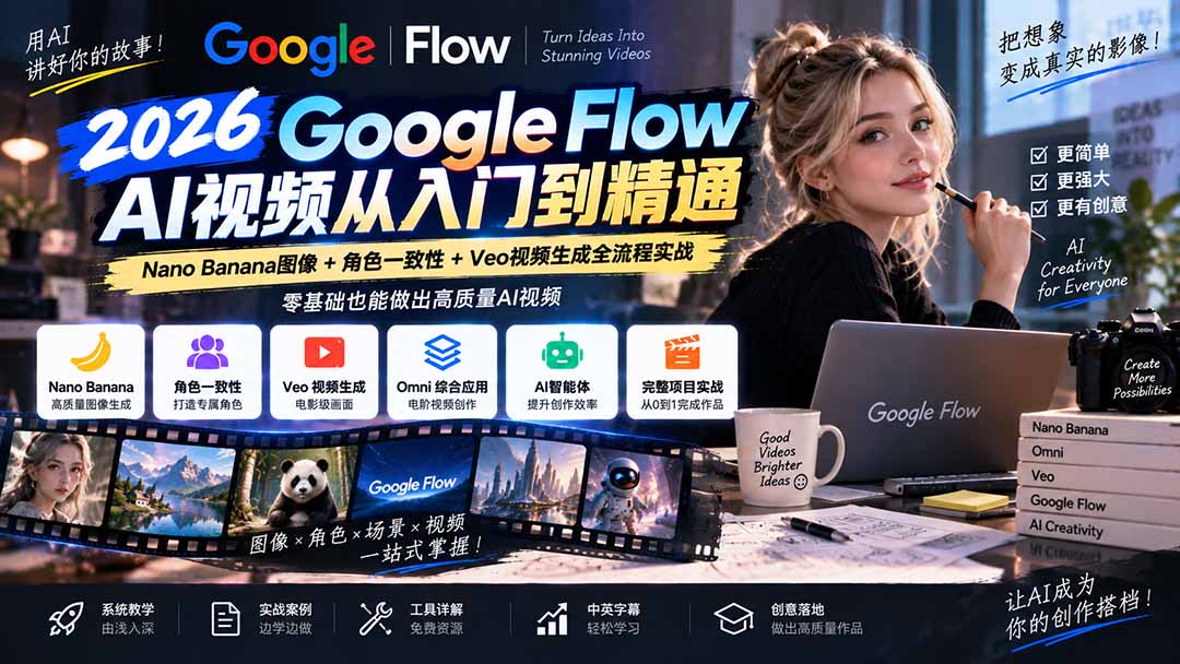 【无水印】Google Flow AI视频从入门到精通:Nano Banana图像+角色一致性+Veo视频生成全流程实战-精翻中英字幕-旺仔资源库