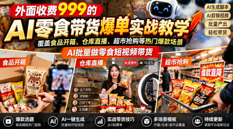 外面收费999的AI零食带货爆单实战教学,覆盖食品开箱、仓库直播、超市抢购等热门爆款场景,AI批量做零食短视频带货-旺仔资源库