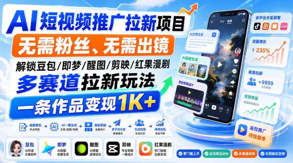 AI短视频推广拉新项目,无需粉丝、无需出镜,解锁豆包/即梦/醒图/剪映/红果漫剧多赛道拉新玩法,一条作品变现1K+-旺仔资源库