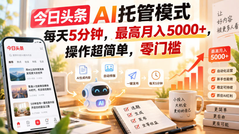今日头条AI托管模式,每天5分钟,最高月入5000+,操作超简单,零门槛【揭秘】-旺仔资源库