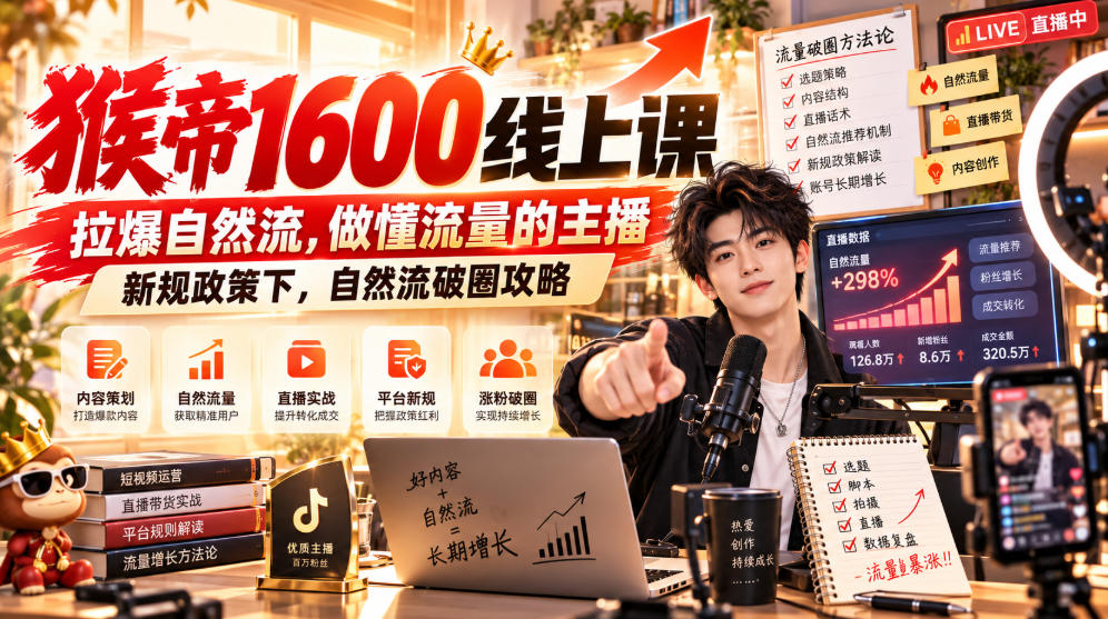 猴帝1600线上课,拉爆自然流,做懂流量的主播,新规政策下,自然流破圈攻略【更新260926】-旺仔资源库