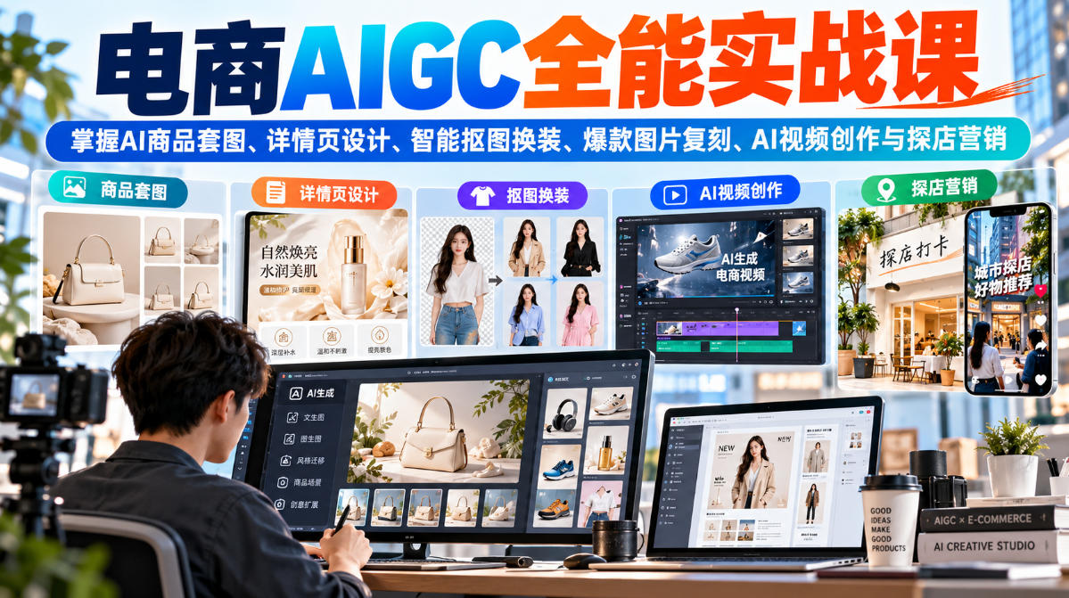 电商AIGC全能实战课:掌握AI商品套图、详情页设计、智能抠图换装、爆款图片复刻、AI视频创作与探店营销-旺仔资源库