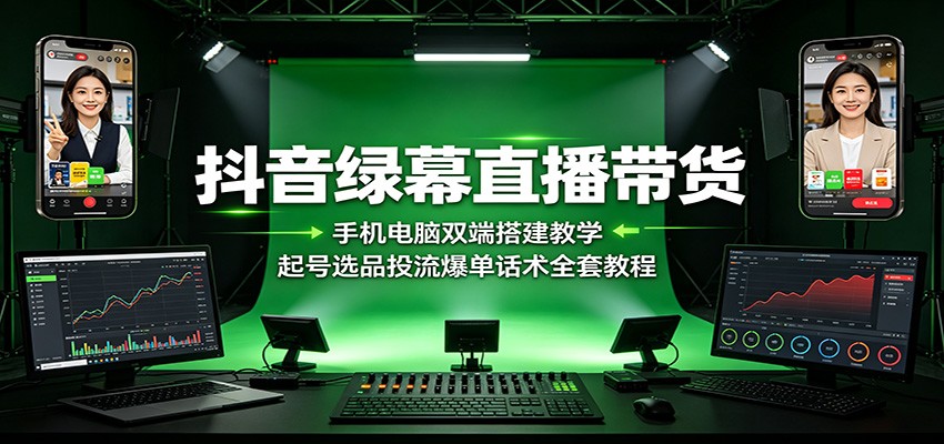 抖音绿幕直播带货：手机电脑双端搭建教学，起号选品投流爆单话术全套教程-旺仔资源库