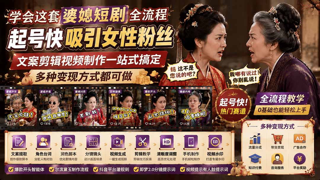 学会这套婆媳短剧全流程：起号快吸引女性粉丝，文案剪辑视频制作一站式搞定，多种变现方式都可做-旺仔资源库