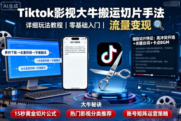 Tiktok影视大牛搬运切片手法，详细玩法教程-旺仔资源库