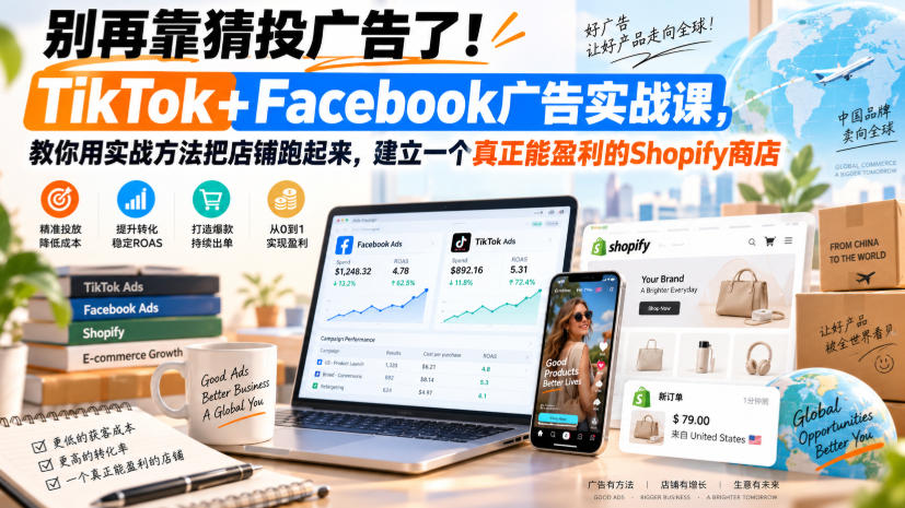 别再靠猜投广告了！TikTok+Facebook广告实战课，教你用实战方法把店铺跑起来，建立一个真正能盈利的Shopify商店【原创双语字幕】-旺仔资源库