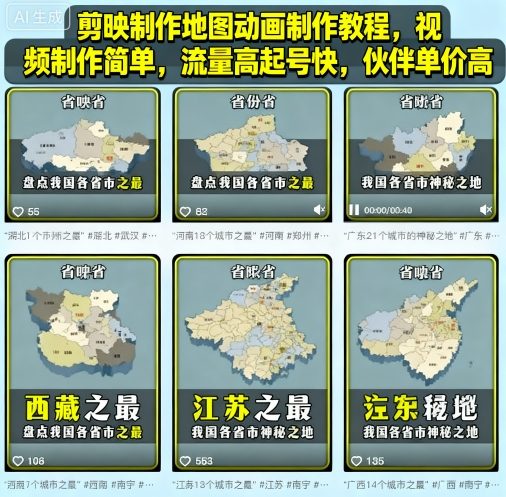 剪映制作地图动画制作教程，视频制作简单，流量高起号快，伙伴单价高-旺仔资源库