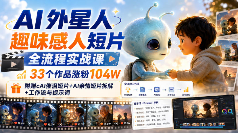 AI外星人趣味感人短片全流程实战课,33个作品涨粉104W,附赠AI催泪短片+AI亲情短片拆解+工作流与提示词-旺仔资源库