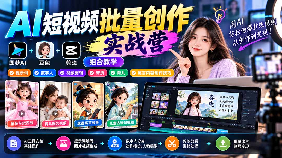 【无水印】AI短视频批量创作实战营:即梦+豆包+剪映组合教学,提示词/数字人/视频剪辑/带货/育儿/寓言内容制作技巧-旺仔资源库