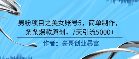男粉项目之美女账号5，简单制作，条条爆款原创，7天引流5000+-旺仔资源库