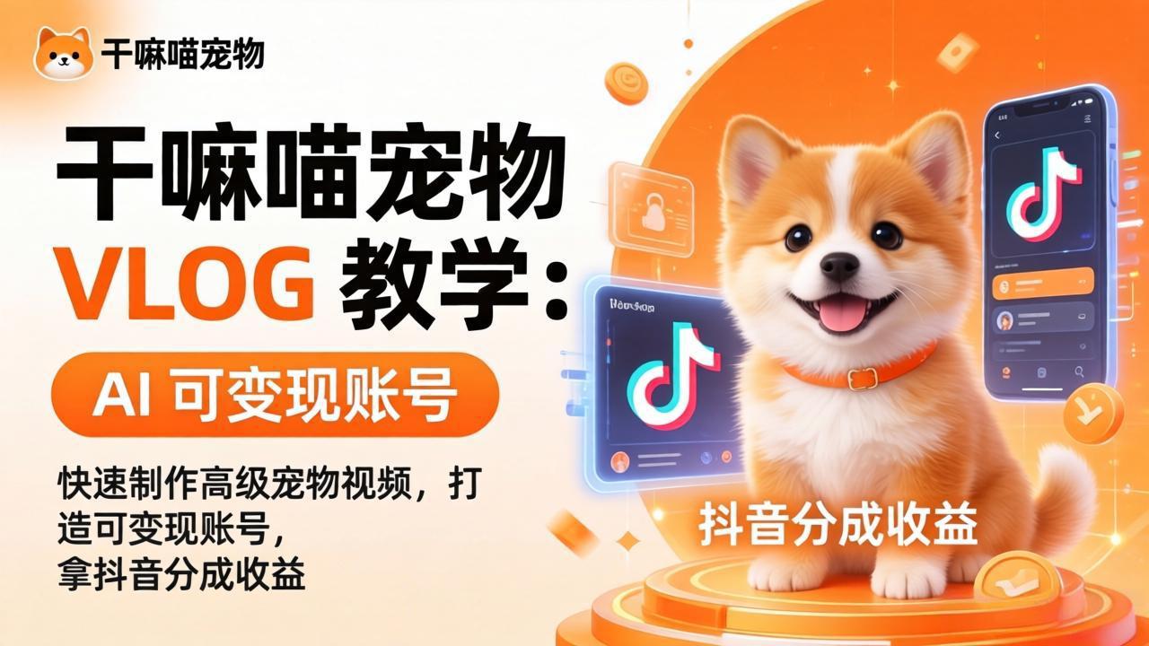 干嘛喵宠物 VLOG 教学：AI 快速制作高级宠物视频，打造可变现账号，拿抖音分成收益-旺仔资源库